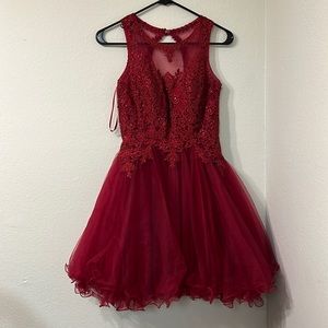 Win red fancy short and flared dress